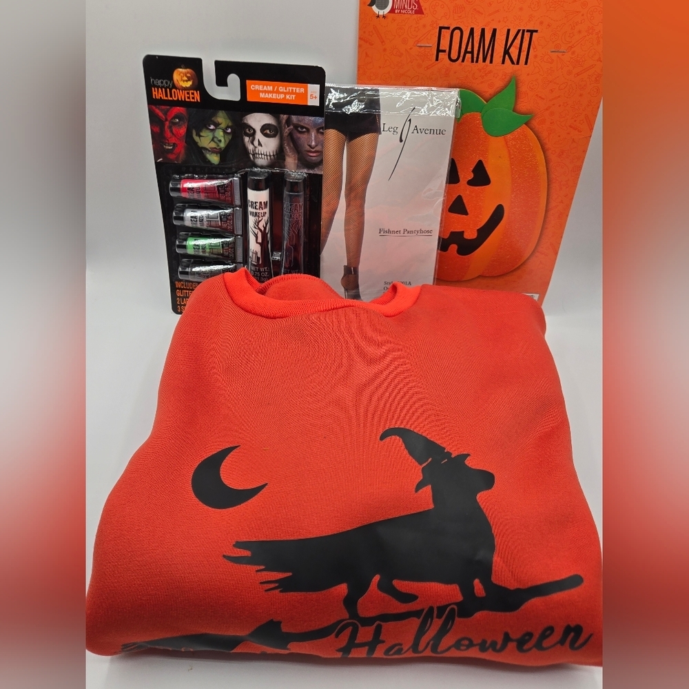 HALLOWEEN NWT LOT Shein Sweatshirt Sz L Face Makeup Stockings Pumpkin Foam Kit